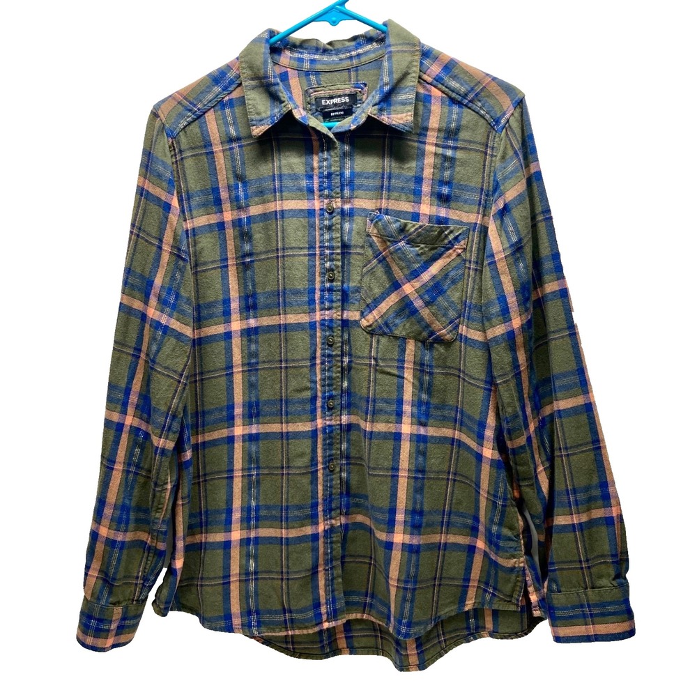 Express Boyfriend Flannel Shirt Women's Medium Olive Pink Metallic Long Sleeve